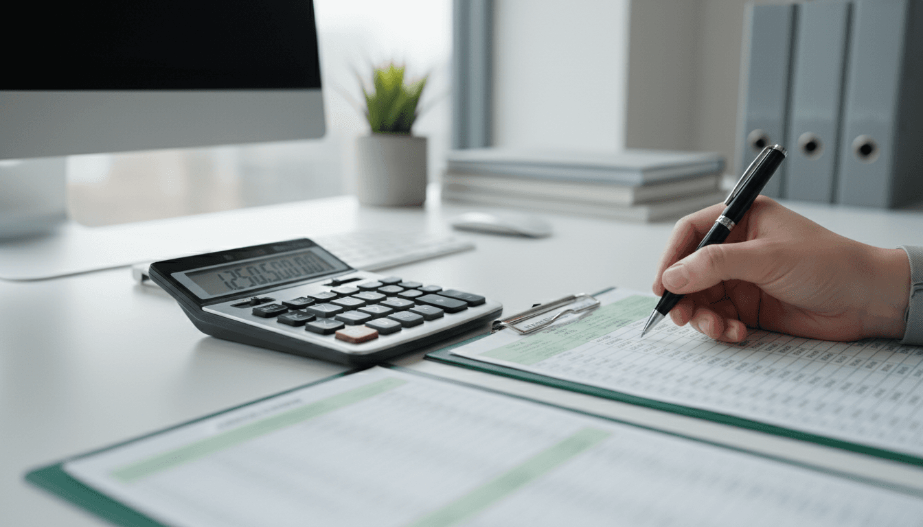 Close-up of hands working on financial spreadsheets with a calculator