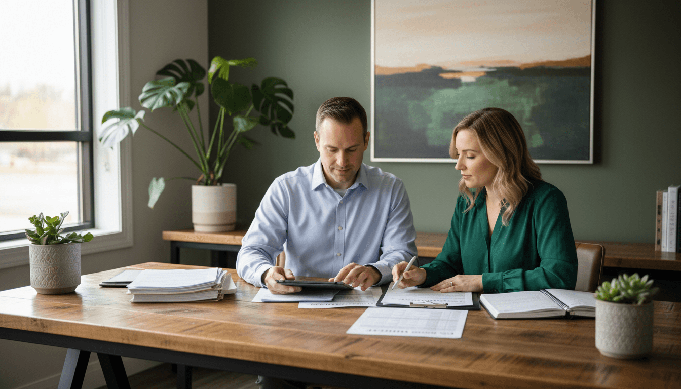 CPA advisor reviewing financial documents with a dispensary owner in an office