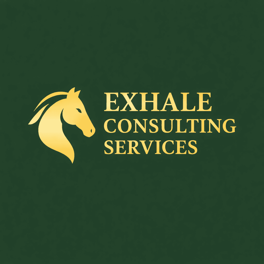 Gold horse head logo with text EXHALE CONSULTING SERVICES on a dark green background.